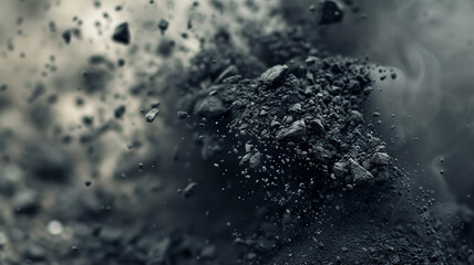 Black charcoal powder exploding against an isolated white background, creating a dynamic burst of dark particles. The contrast emphasizes the intense, raw, and dramatic visual effect.