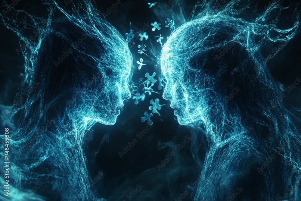 Poster futuristic digital artwork of two figures with glowing neural connections symbolizing the powerful i