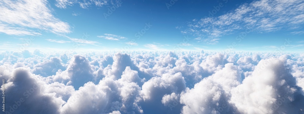 Poster Cloudy skies and horizon in a 3D cartoon rendering exploring infinite space and the atmosphere