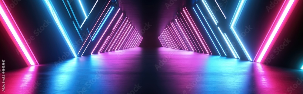 Poster 3d rendering of a dark corridor featuring abstract neon lines and rays creating a glowing backdrop