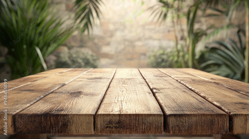 Poster 3d rendering of an aged wooden table with a blurred background