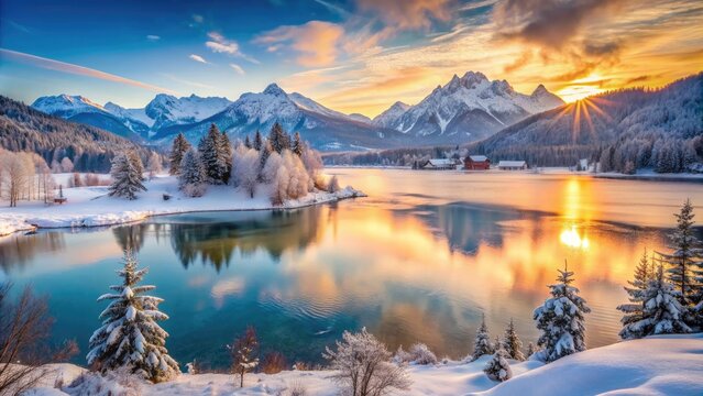 Frozen Lake Faak in Carinthia, Austria, surrounded by snow-capped Austrian Alps, offers a breathtaking winter wonderland panorama at sunset with frosty alpine landscape.