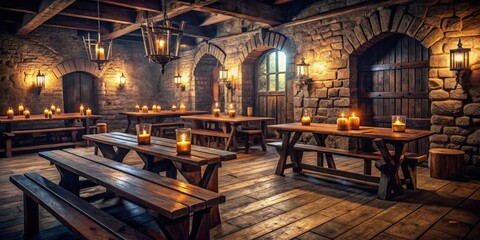 Fantasy medieval tavern inn interior with a wide panoramic view showcasing wooden tables, stone walls, and flickering candlelight
