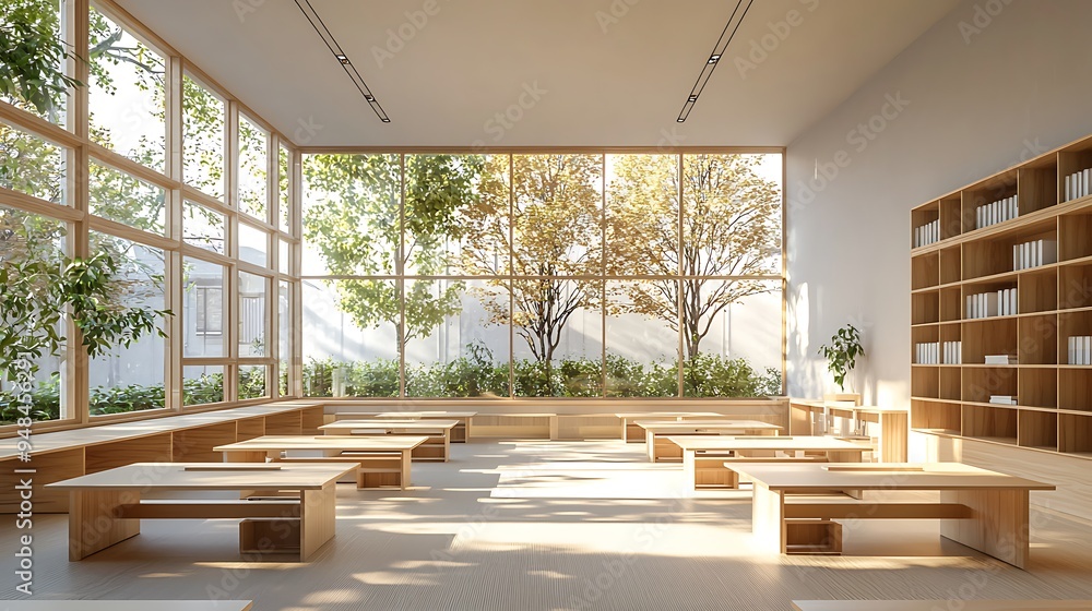 Poster minimalist wooden library interior with large windows that bathe the space in sunlight, creating a w