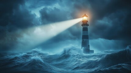 A dramatic lighthouse illuminates stormy seas, guiding ships safely through turbulent waters under a dark, cloudy sky.