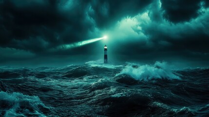 Fototapeta premium A dramatic lighthouse standing tall against turbulent waves and dark stormy clouds, symbolizing hope and guidance in chaos.