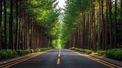 Naklejka premium Leafy Retreat: The serene and beautiful metasequoia-lined road in Damyang, Korea, where the lush canopy provides a peaceful retreat.
