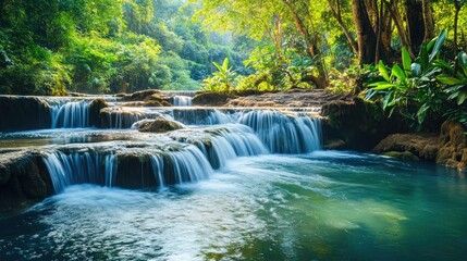 Naklejka premium Lush Tranquility: The tranquil pools and cascading waterfalls of Kuang Si, enveloped in lush vegetation in Luang Prabang Province, Laos.