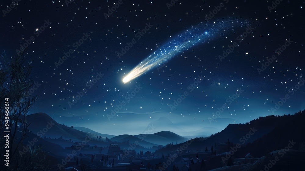 Poster 3d cartoon rendering showcasing a comet in the night sky