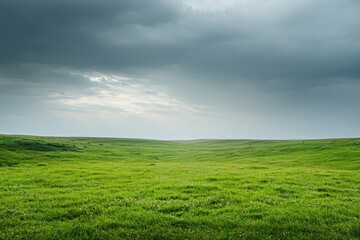 Obraz premium A serene landscape featuring a lush green field under a dramatic sky, evoking tranquility and the beauty of nature.