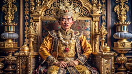 Fototapeta premium Majestic 17th-century Indonesian monarch sits cross-legged on ornate throne, adorned with intricate gold jewelry and regalia, amidst richly decorated palace interior background.
