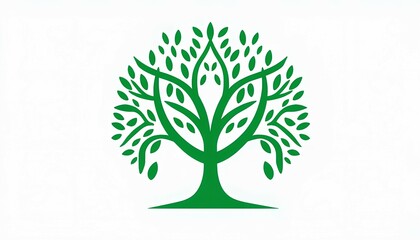 Stylized minimalist tree with a symmetrical canopy and intricate branches with  full, leafy appearance with numerous leaves, in  the overall green color scheme against white background, icon image 