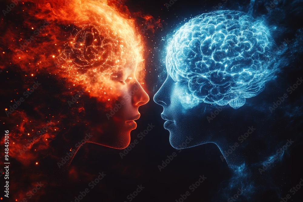 Poster romantic digital illustration of a couple with glowing neural patterns symbolizing the deep intellec
