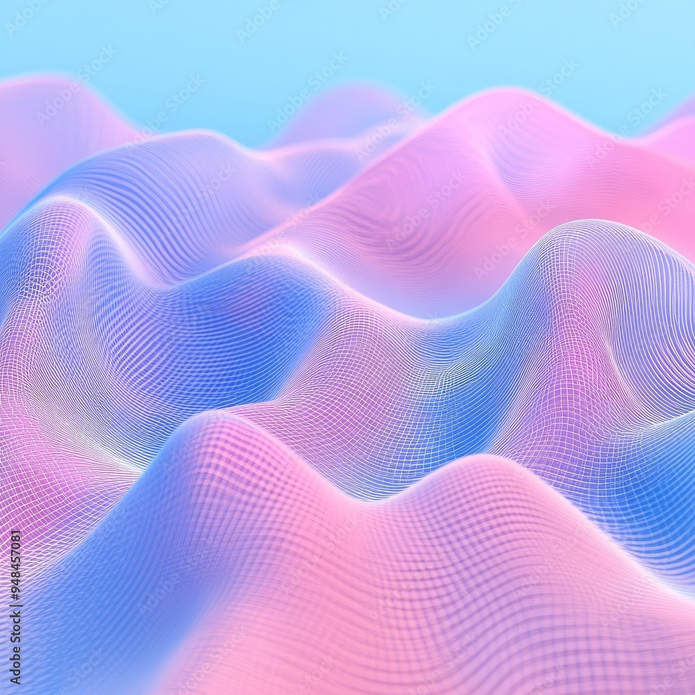 Poster a vibrant abstract representation of soft waves in pink and blue hues, creating a tranquil and moder