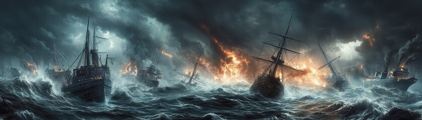 A dramatic scene of ships battling against fierce waves and raging fire, capturing the chaos of a stormy ocean.