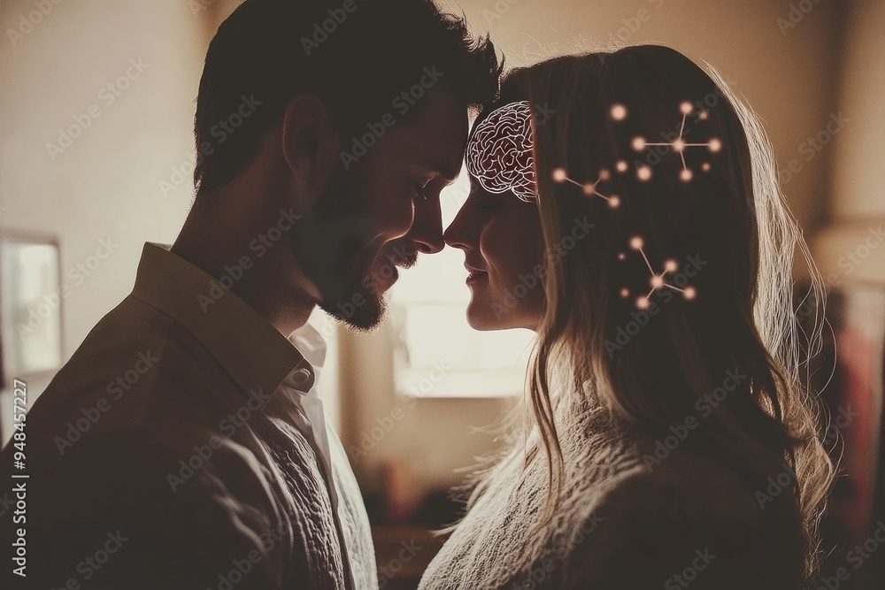 Poster romantic digital portrait of a couple with glowing neural patterns symbolizing the deep intellectual