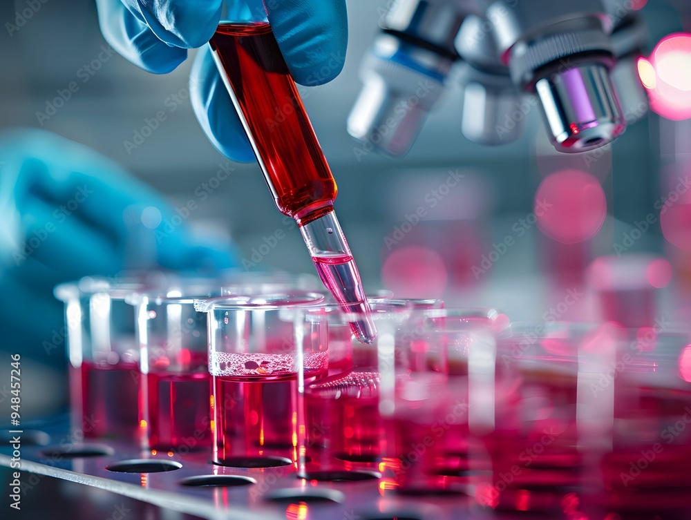 Poster laboratory technician conducts analysis with red liquid samples under a microscope during a scientif
