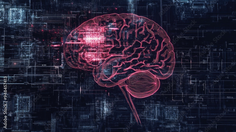 Poster outline composition of the human brain combined with technological and fractal features exploring th