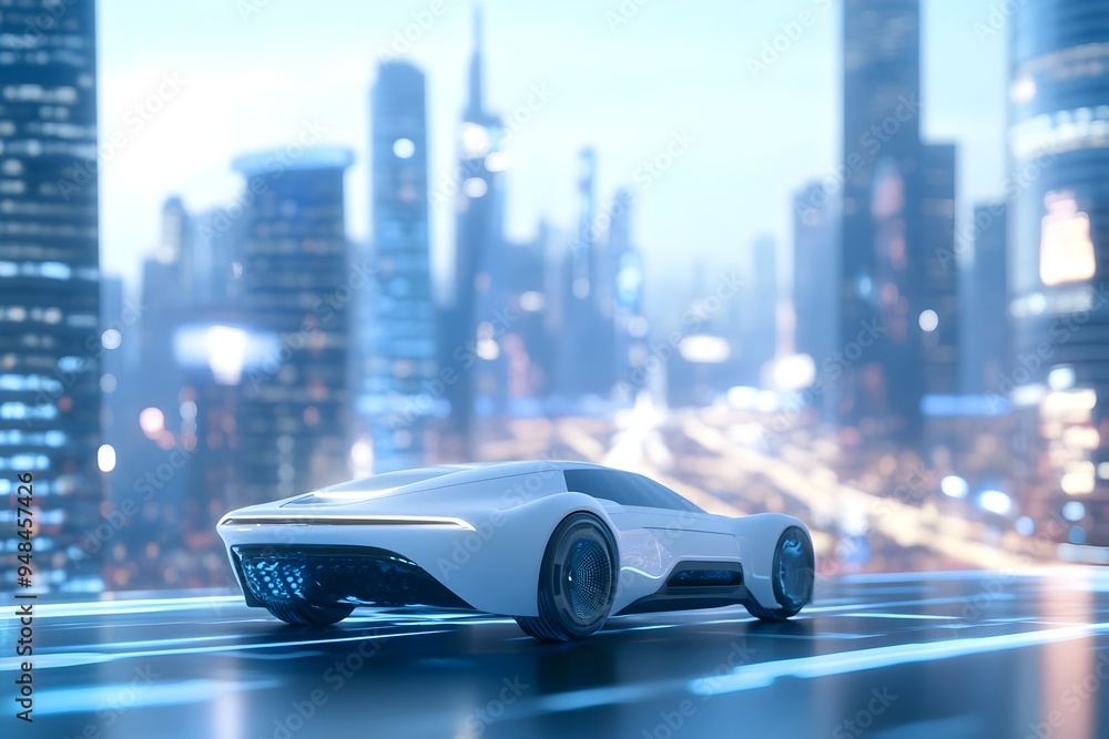 Poster a futuristic skyline with sleek flying cars and hover trains soaring above a gleaming holographic ci