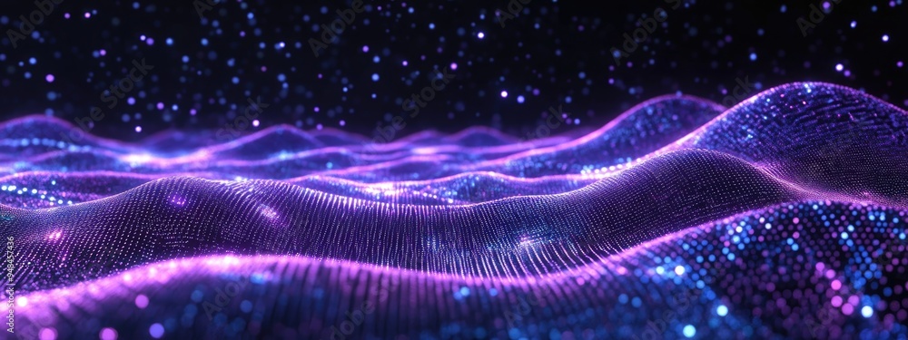 Poster Abstract ultraviolet landscape in a dark background depicted in a 3D cartoon rendering featuring a purple cyberspace grid and a violet starry outer space texture showcasing a hi tech network