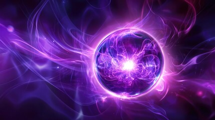 Obraz premium Vibrant abstract background in purple featuring a central glowing sphere resembling an energetic ball composed of dynamic waves rays and plasma effects
