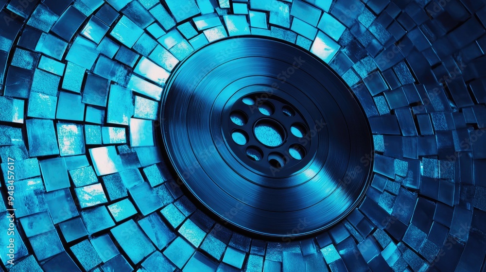 Poster light blue emblem with a videodisc design against a mosaic background