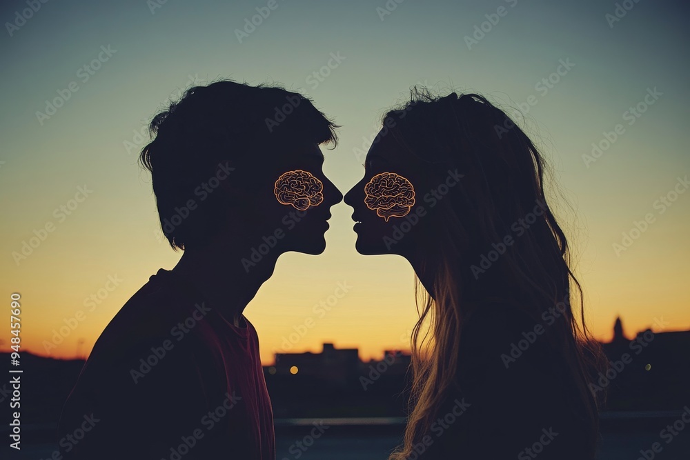 Poster romantic digital portrait of a couple with glowing neural patterns symbolizing the deep intellectual
