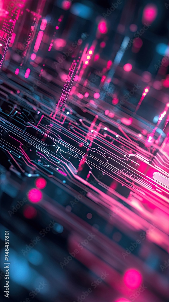 Poster an abstract representation of digital technology, showcasing vibrant lines and glowing elements in a
