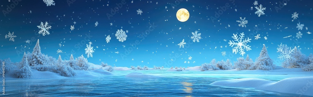 Aufkleber cartoon rendering in 3d of snowflakes and the moon