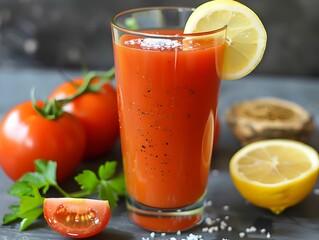 Fresh tomato juice served in a tall glass with lemon, salt, and fresh tomatoes on a kitchen countertop