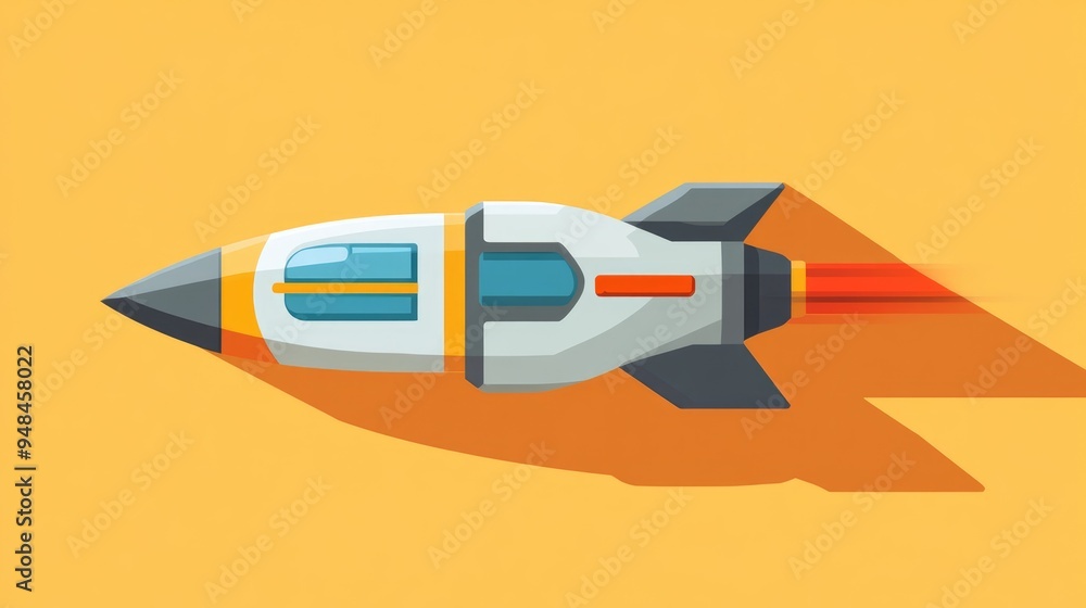 Poster Flat icon of a spaceship in 3D cartoon rendering with a long shadow outlined design
