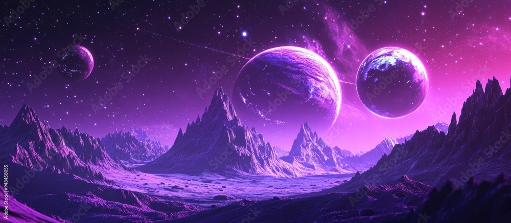 Poster 3d cartoon depiction of a purple space landscape featuring large planets in a starry sky complemente