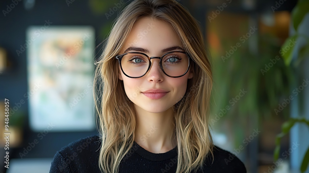 Wall mural young woman smiling brightly with glasses, looking directly at the camera, exuding warmth and friend