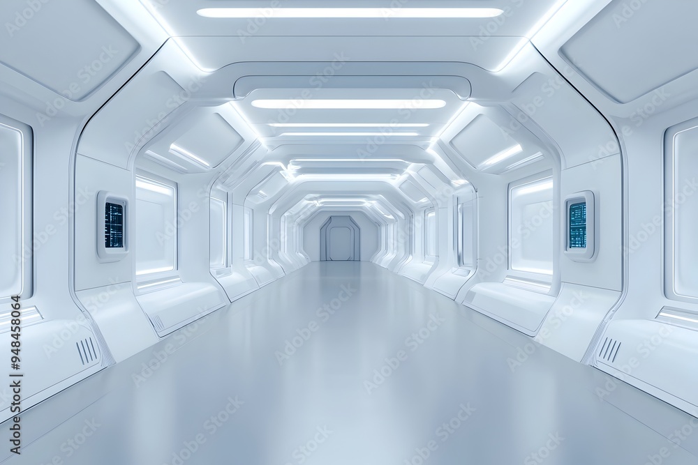 Poster sleek and minimalist futuristic spaceship corridor with 360 degree view featuring a geometric metall