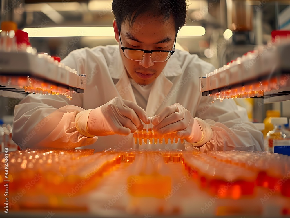 Poster a scientist conducts precise experiments in a laboratory filled with colorful test tubes and samples