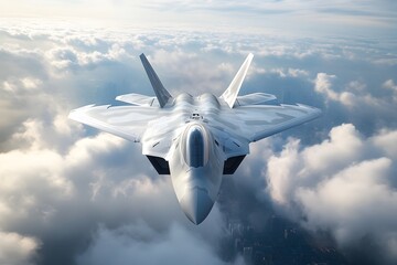 Futuristic F 22 Raptor Fighter Jet Soaring Through Clouds with a Sense of Technological Advancement and Visionary Design  The sleek