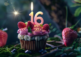 16 year old birthday cake. Birthday with forest fruits in a magical and fairytale forest