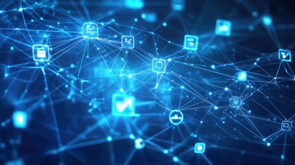 Abstract Digital Network, Interconnected Icons, Blue Background