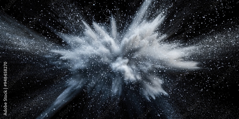 Aufkleber freeze motion of a white dust explosion on a black background in a 3d cartoon rendering