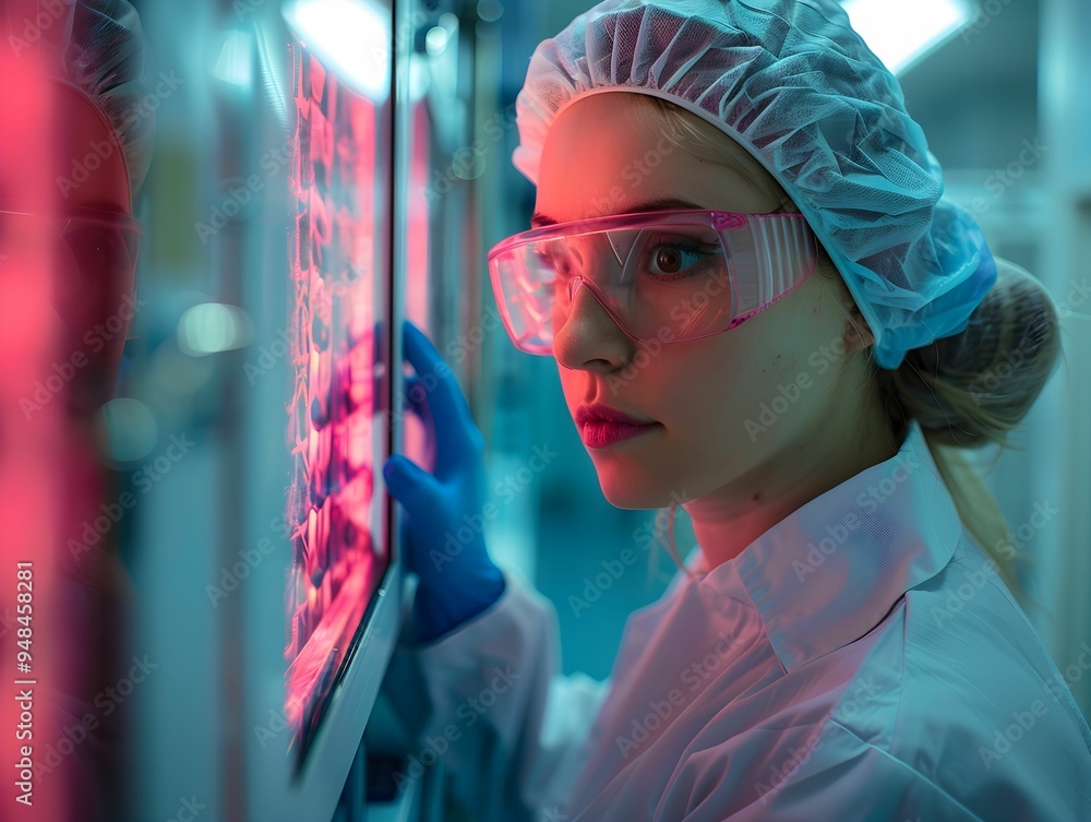 Poster female scientist examining glowing samples in a lab during evening hours while ensuring safety with 