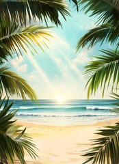 Fototapeta premium An idyllic golden beach close-up, with sun rays and leaves pointing to the sky. Blue sky, white clouds, golden sand beach. Copy space, summer vacation theme.