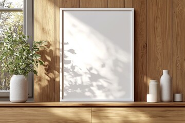 Poster Frame Mockup on Wooden Interior Background created with Generative AI