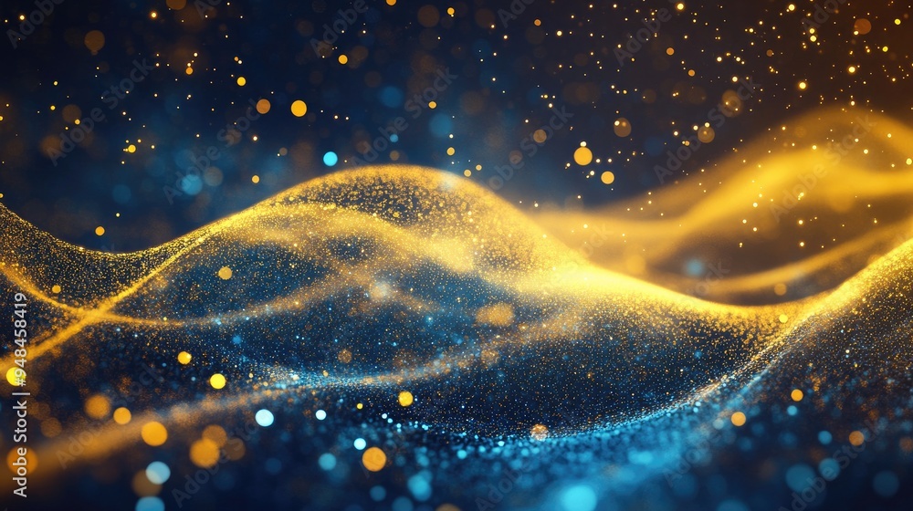 Poster luminous digital waves in yellow and blue gradients with gentle light and bokeh effects a background
