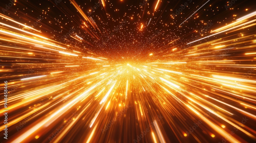 Poster Dynamic light trails with glowing particles and radiant lines creating an abstract background of moving rays