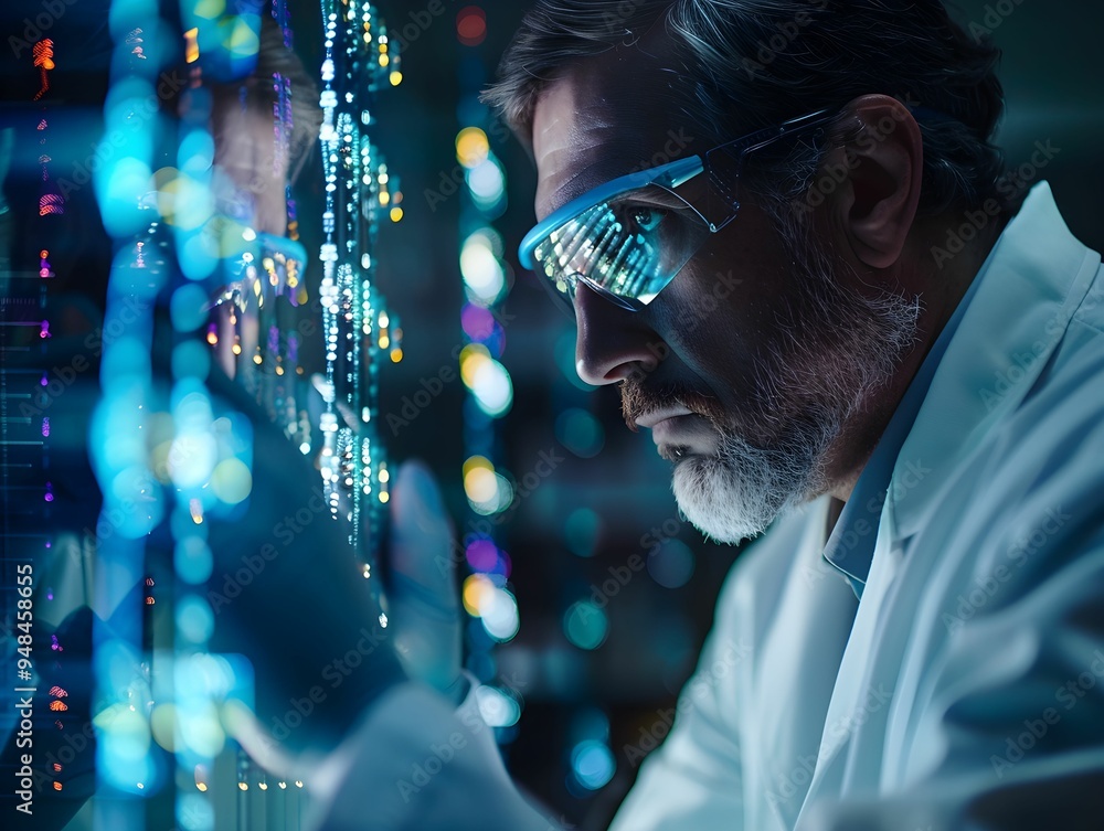 Poster scientist analyzes data on digital display in laboratory with colorful visuals during nighttime rese