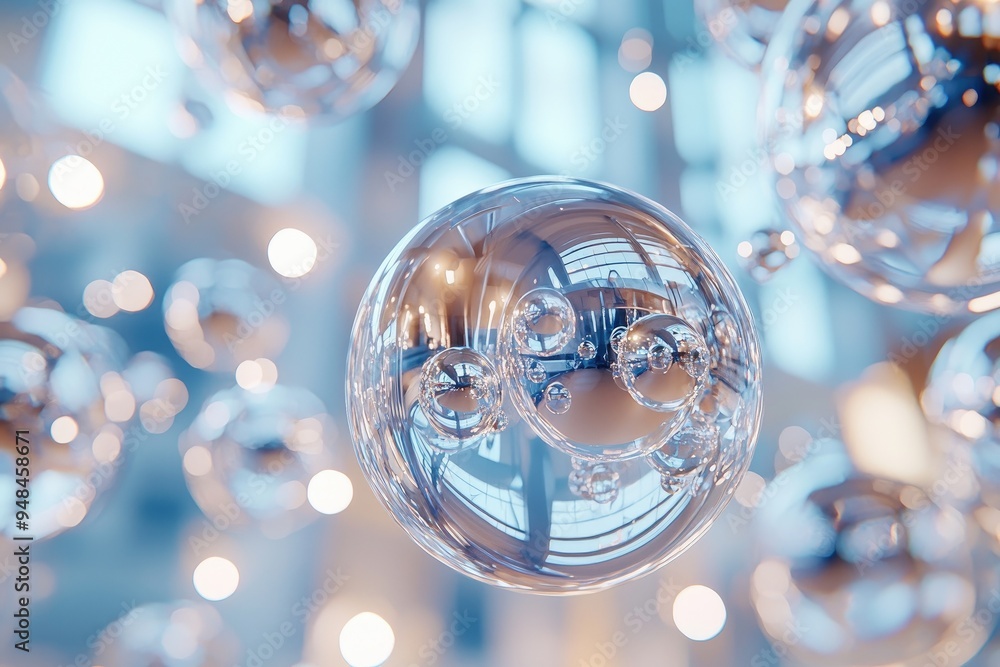Poster a close-up view of illuminated bubbles, showcasing reflections in a modern setting. perfect for ligh