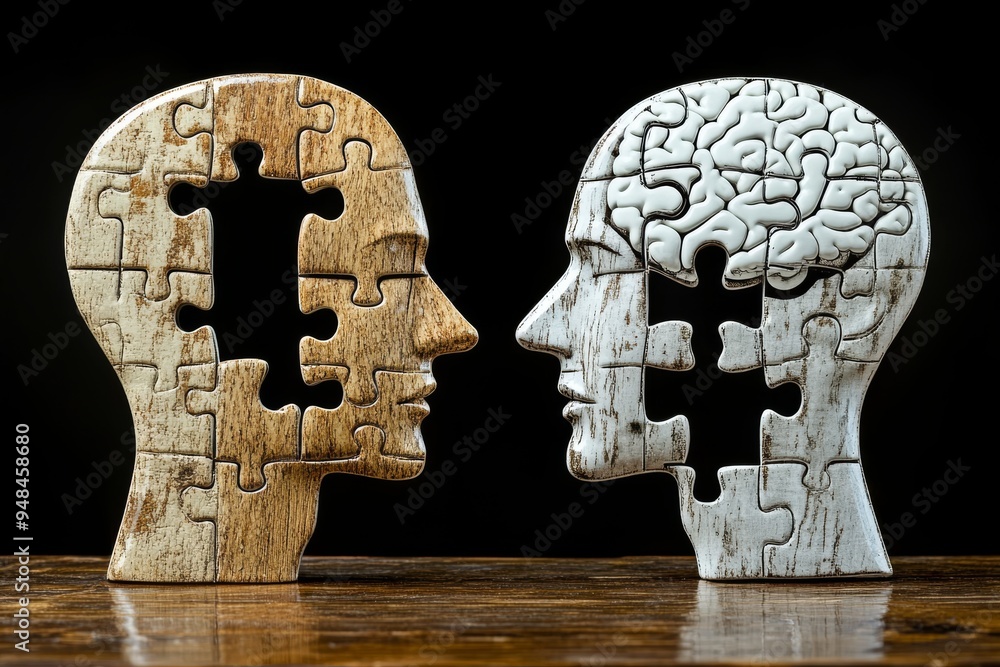 Canvas Prints Sculptural digital artwork of two puzzle shaped heads symbolizing the intricate intellectual connection and the quest for mental clarity in a conceptual design