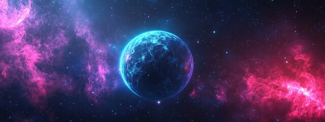 Obraz premium Blue planet nebula and stars in a 3D cartoon rendering Space background 3D rendering