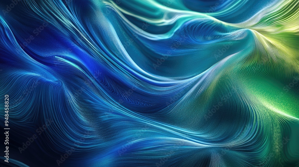 Poster elegant abstract background featuring blue and green tones with shimmering effects and flowing wave 