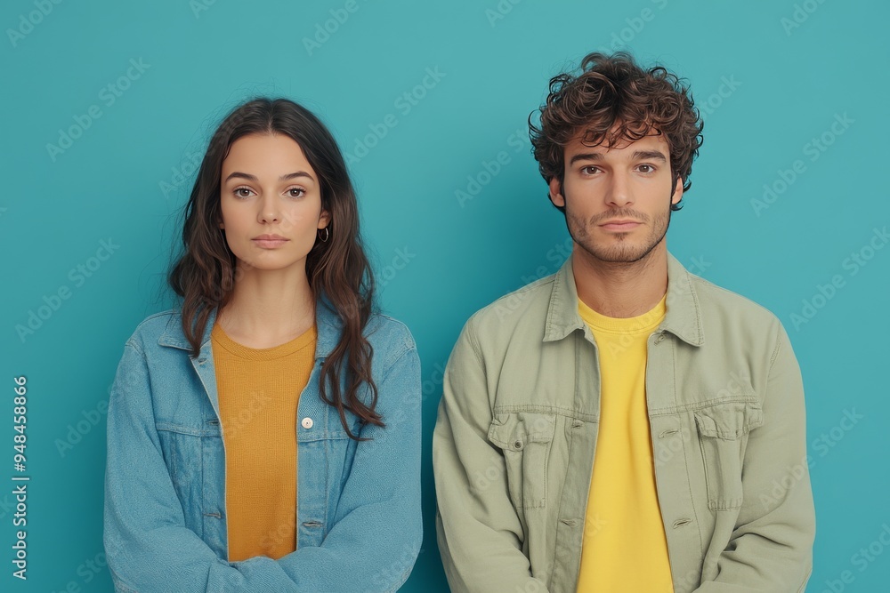 Poster minimalist portrait of two individuals with neutral expressions symbolizing the intellectual contras